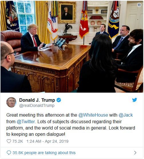 رئیس جمهور ترامپ پس از متهم کردن توئیتر به رفتار تبعیض آمیز با مدیر عامل آن Jack Dorsey دیدار کرد